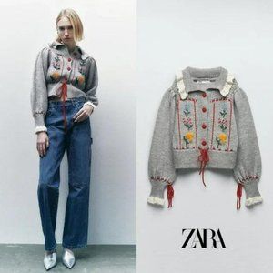 ZARA JACQUARD COLLARED FLORAL KNIT CARDIGAN